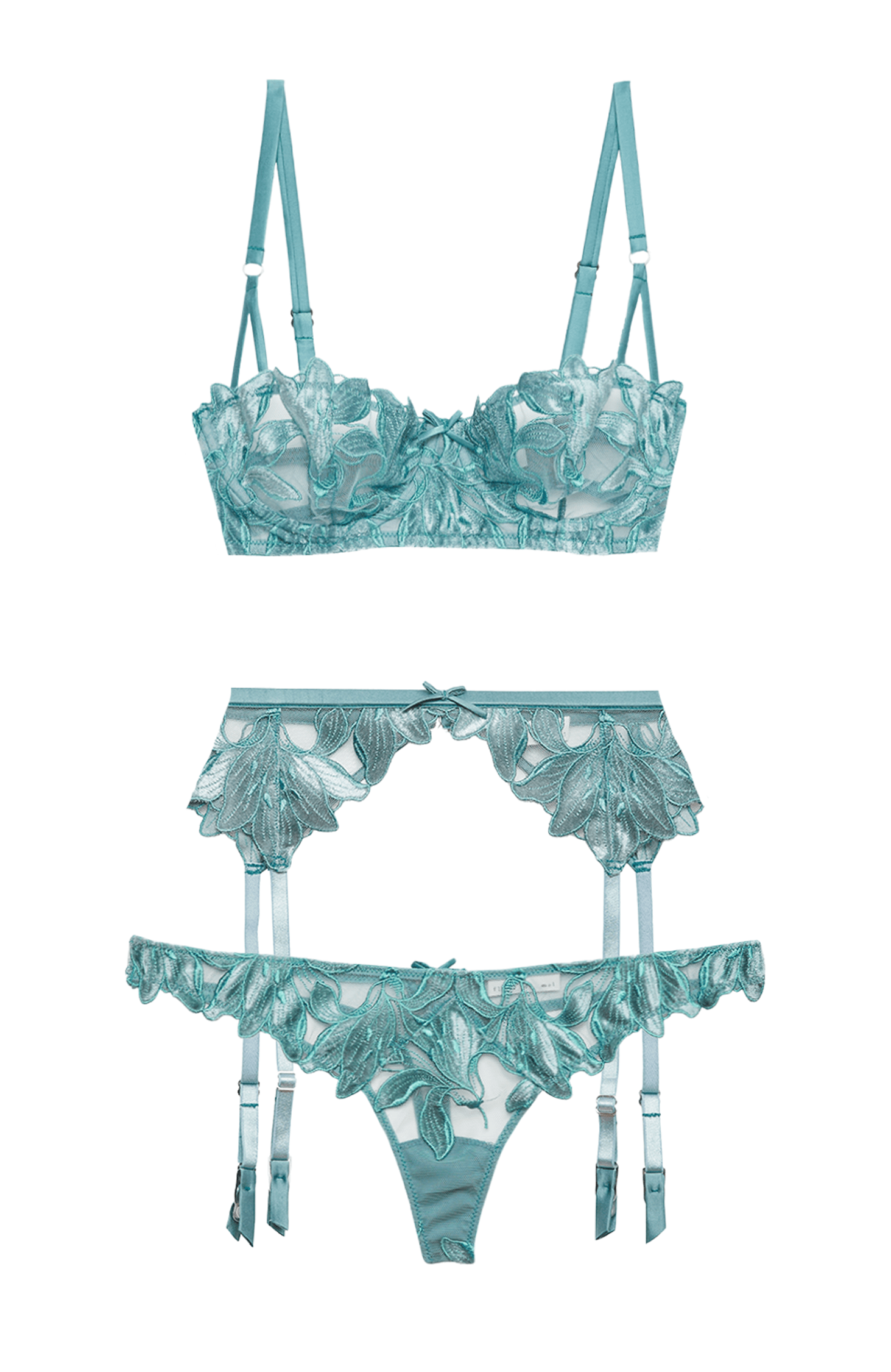 Velvet Lily Embroidery Bra, Suspender and Thong Set