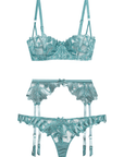 Velvet Lily Embroidery Bra, Suspender and Thong Set